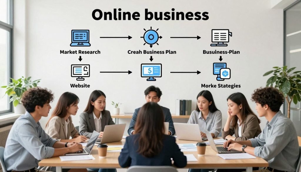 A visual representation of the essential steps to launch an online business, designed as a flowchart. In the foreground, depict a diverse group of professionals in business casual attire, engaged in a brainstorming session around a large table filled with notes, laptops, and coffee cups. In the middle, illustrate key steps: market research, creating a business plan, developing a website, and marketing strategies, each represented by icons or illustrations. The background should feature a modern office environment with large windows, soft natural lighting streaming in, and plants for a fresh atmosphere. The overall mood should be inspiring and collaborative, highlighting the excitement of starting a new venture.