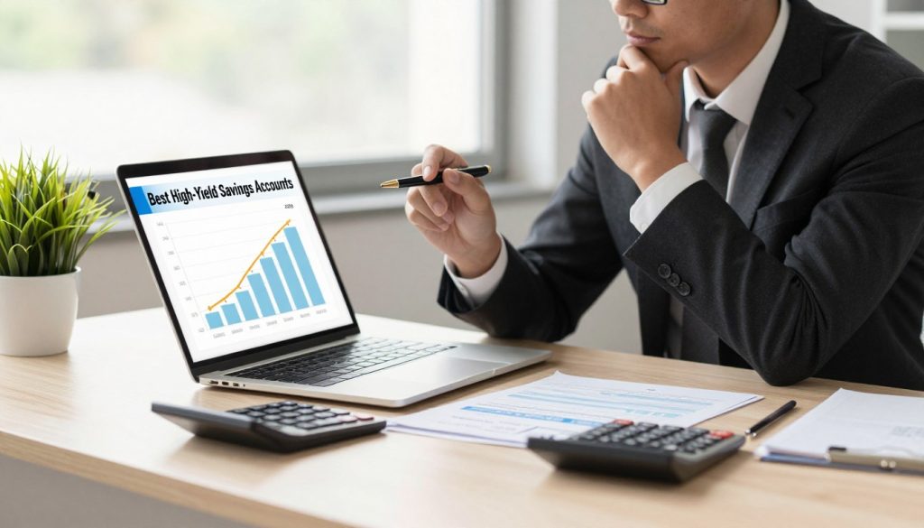 A visually engaging composition illustrating "Best High-Yield Savings Accounts" for 2026. In the foreground, an elegant modern desk with a laptop displaying a chart of interest rates and high-yield savings account options. On the desk, scattered financial documents, a sleek calculator, and a potted plant for a touch of greenery. The middle layer features a professional individual in business attire, looking thoughtfully at the laptop screen, a pen in hand, exuding intent and focus. The background is softly blurred, hinting at a bright office environment with large windows letting in natural light, suggesting productivity and optimism. The overall mood is one of professionalism, financial empowerment, and informed decision-making, with warm yet bright lighting that enhances clarity and appeal.
