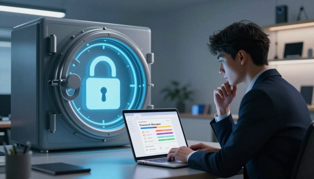 An illustration of a secure password manager, featuring a digital vault with a stylized lock on it, symbolizing security. In the foreground, a sleek laptop displays an open password management software interface, with colorful password strength indicators. The middle layer showcases a shadowy figure, dressed in professional business attire, thoughtfully working at the laptop, with a look of concentration. In the background, a modern office setting with soft lighting and organized shelves filled with tech gadgets is visible, contributing to a professional and secure atmosphere. The entire scene has a high-tech glow, emphasizing the importance of digital security. The focus should be sharp, with a slight bokeh effect on the background to create depth.